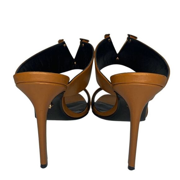 Versace Virtus Brown Leather Mules Heels Gold V Logo EU 39.5 Made in Italy - Picture 8 of 12